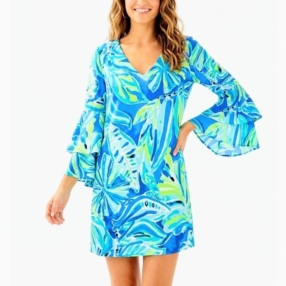LILLY PULITZER Dress Rosalia Blue Palm Passage Print Flounce Sleeve Women 0 (XS)
